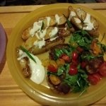 Crab Cakes Under a Meyer Lemon-Dressed Arugula Salad with Fingerling Potatoes and Lemon Aioli finished plate