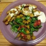 Crab Cakes Under a Meyer Lemon-Dressed Arugula Salad with Fingerling Potatoes and Lemon Aioli finished plate