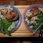 Thai Lemongrass Chicken Legs with Jasmine Rice and Snow Peas finished plates