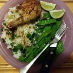 Thai Lemongrass Chicken Legs with Jasmine Rice and Snow Peas finished plate