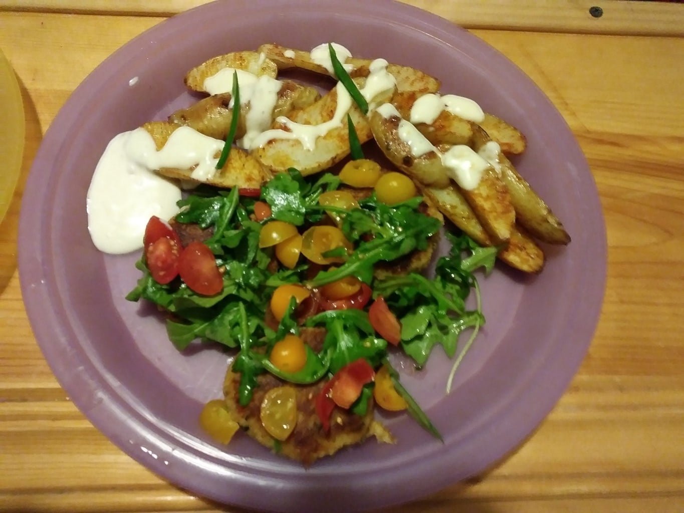 Crab Cakes Under a Meyer Lemon-Dressed Arugula Salad with Fingerling Potatoes and Lemon Aioli