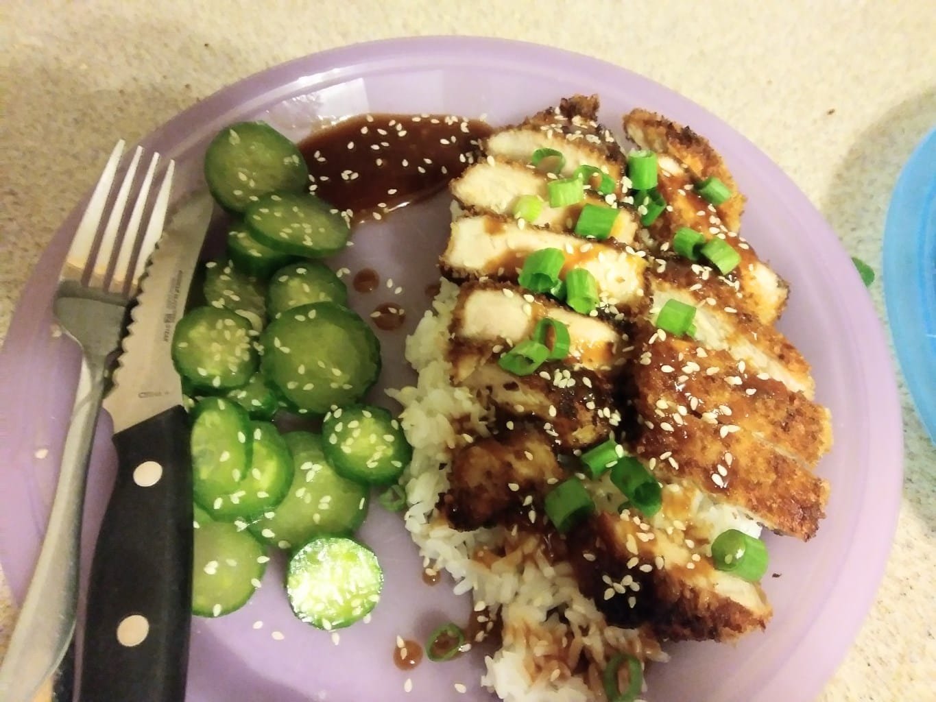 Japanese Style Hoisin Panko Pork Cutlets with Sesame Cucumber Salad and Jasmine Rice