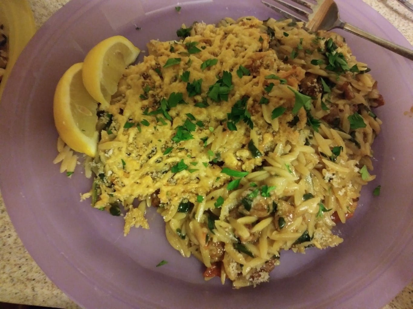 One-Pan Orzo Italiano with Chicken Sausage, Tomatoes, and Spinach