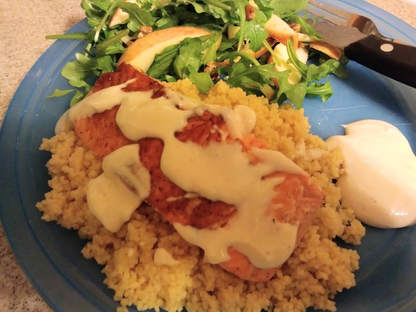 Turkish Spiced Dijon Salmon with Creamy Sauce over Couscous, and Apple Arugula Salad