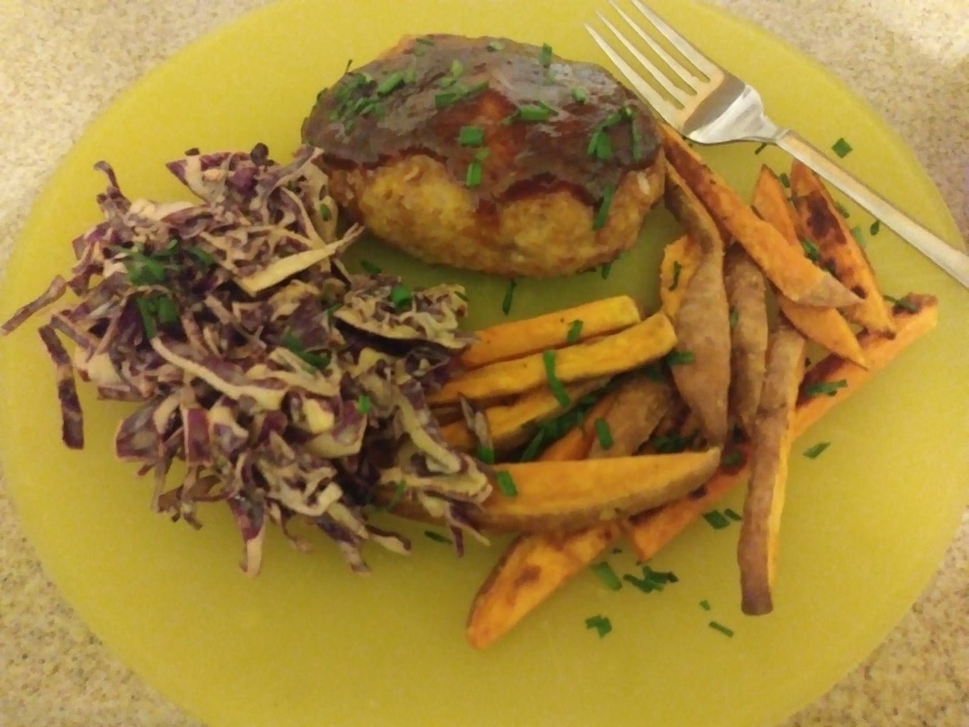 Barbecue Pork Meatloaves with Coleslaw and Sweet Potato Wedges