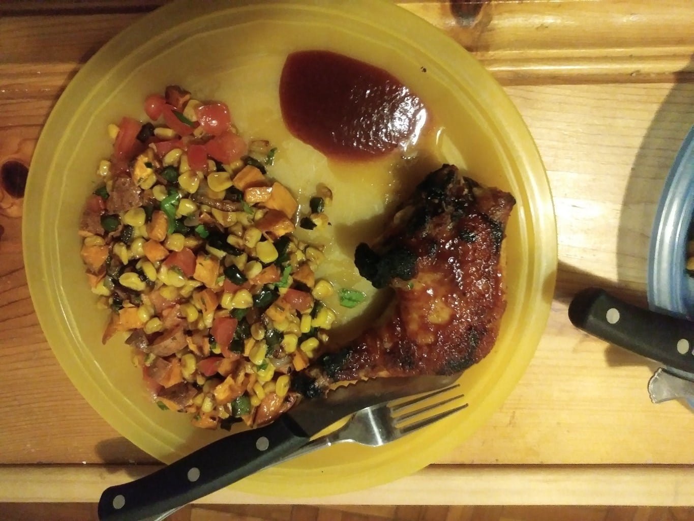 Hot Honey Barbecue Chicken Legs with Charred Poblano, Corn and Sweet Potato Salad