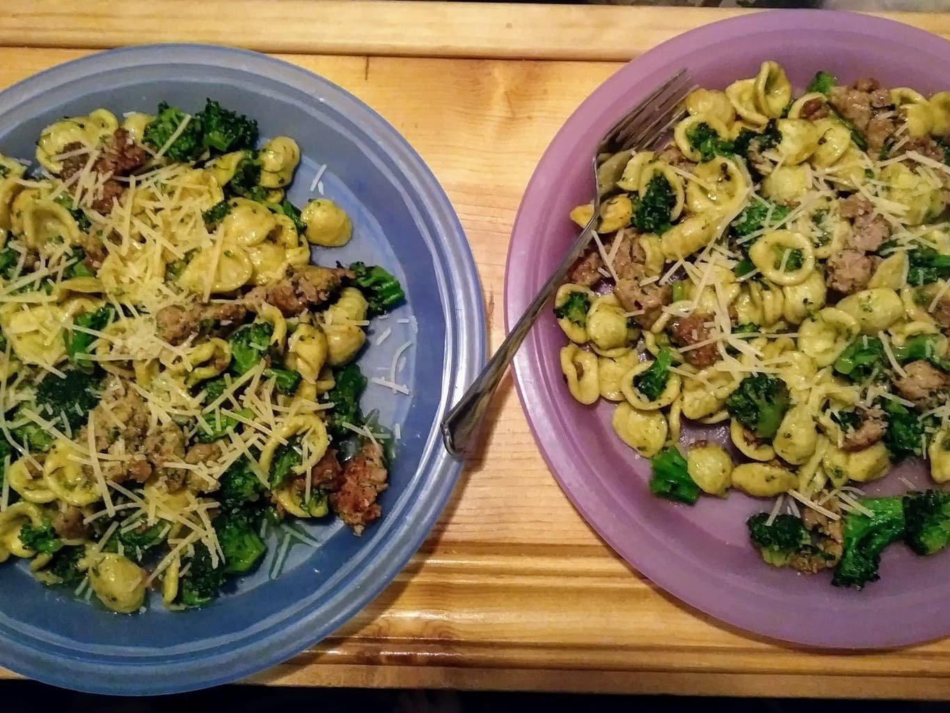 “Little Ears” Pasta (Orecchiette pasta) with Italian Pork Sausage, Broccoli, and Pesto