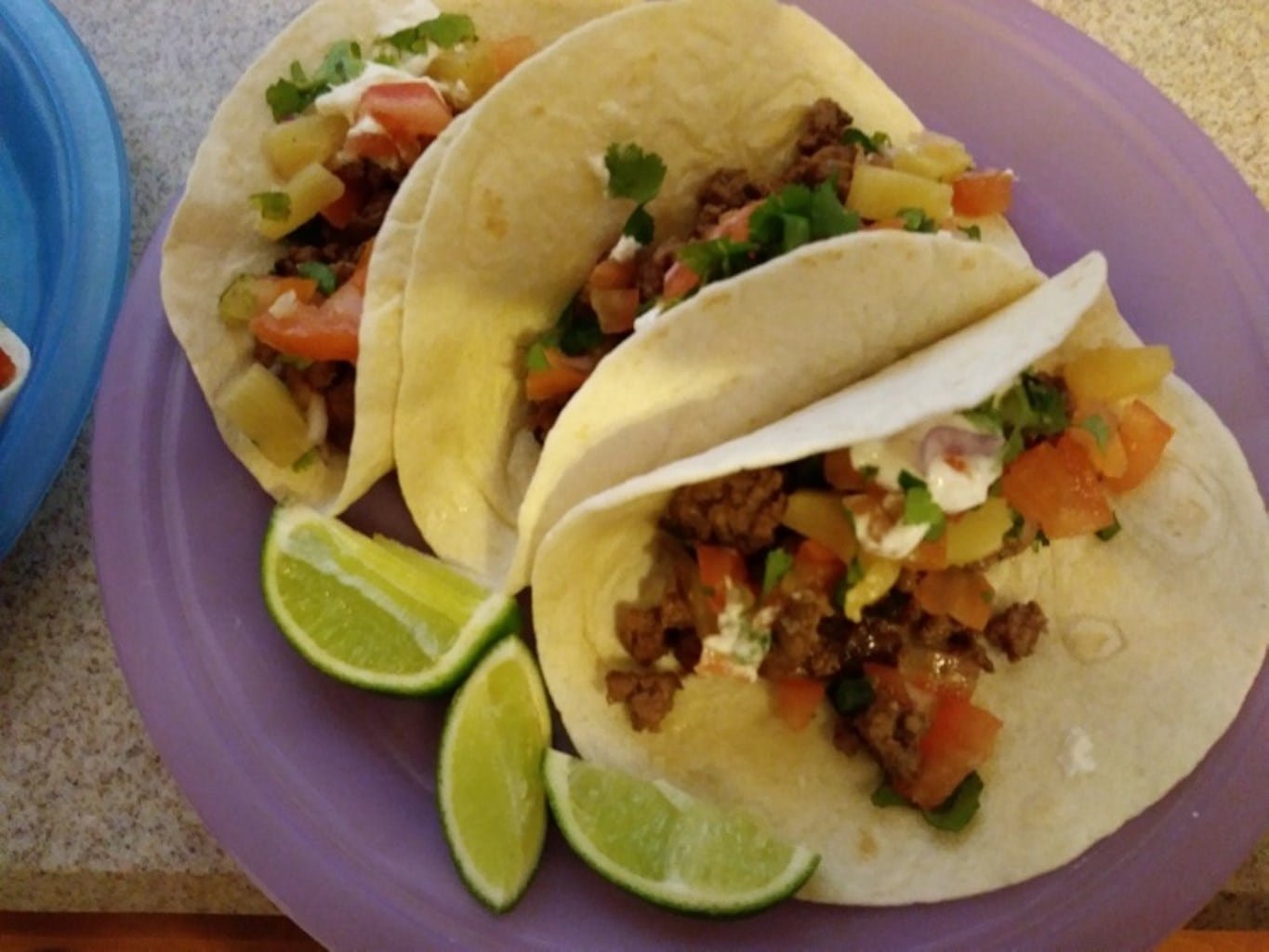 Pineapple Poblano Beef Tacos with Lime Crema, Cilantro and Warm Spices