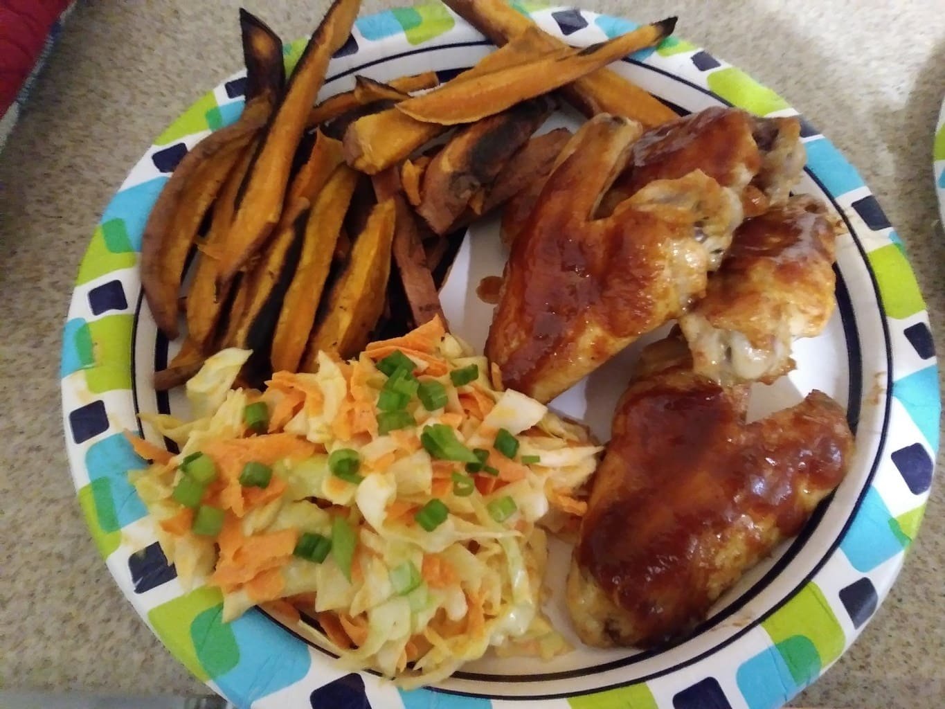 BBQ Glazed Chicken Wings with ColeSlaw and Sweet Potato Fries