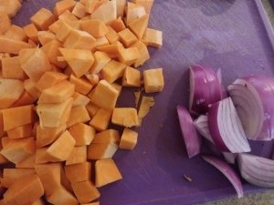 Chopped sweet potatoes and onions