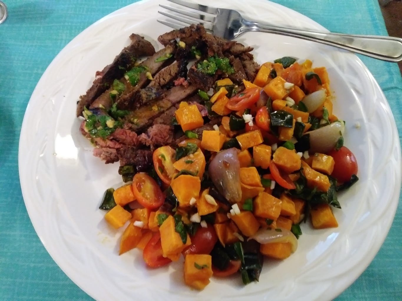 Argentine Chimichurri Steak with Sweet Potato Veggie Jumble