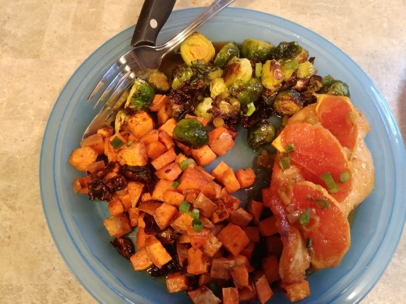 Orange Glazed Chicken with Roasted Brussels Sprouts and Sweet Potatoes