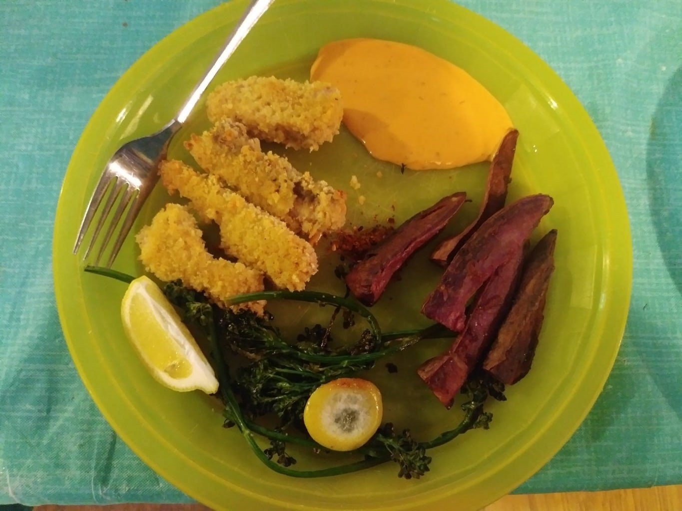 Crispy Salmon Sticks and Purple Sweet Potato Fries