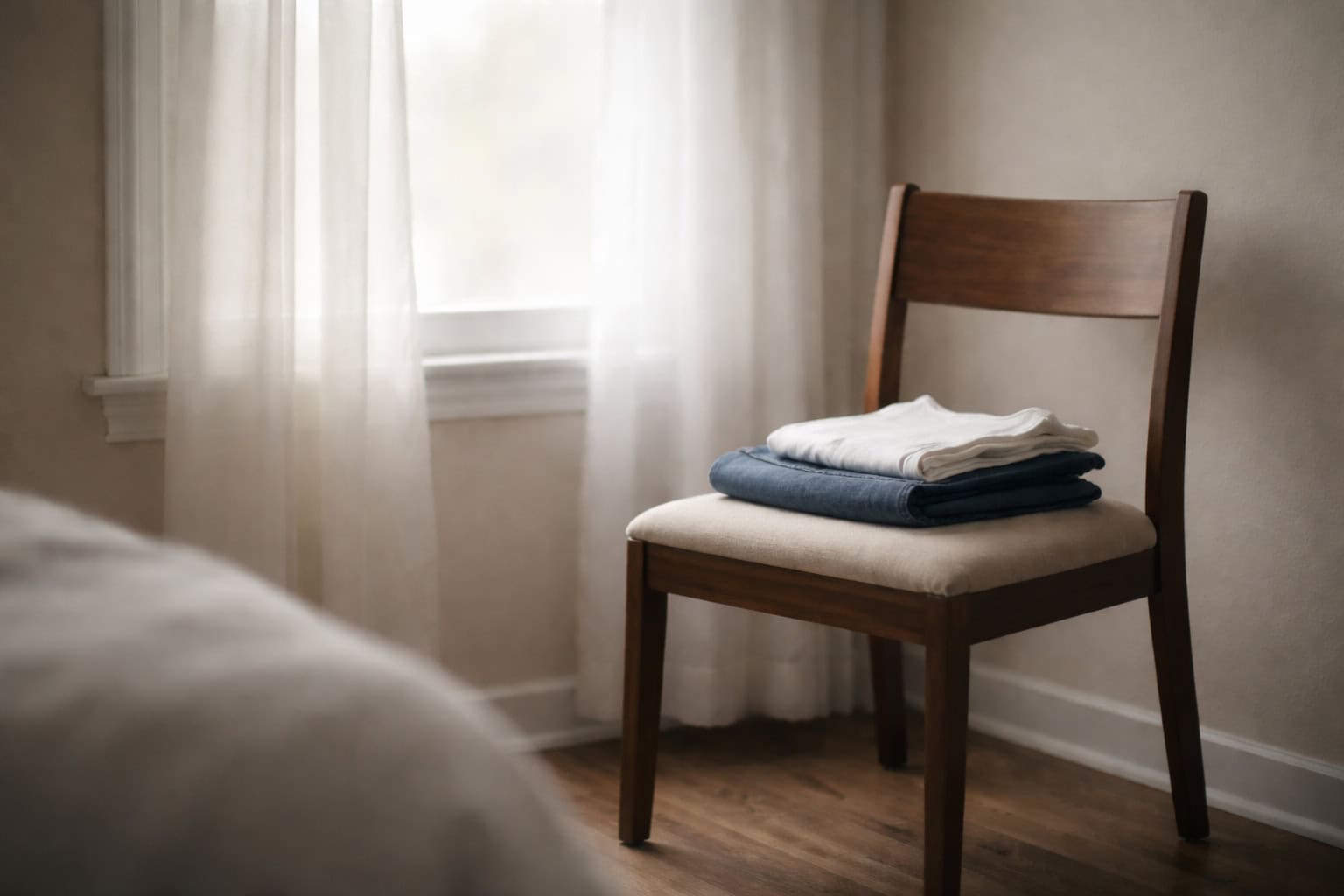 Chair near a window with clothes folded on it.